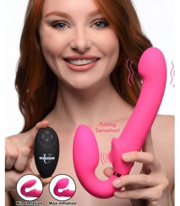 DOPPELTER AUFBLASBARER GURT MIT FERNBEDIENUNG UND ROSA USB-KLITORIS-DRUCKKNOPF