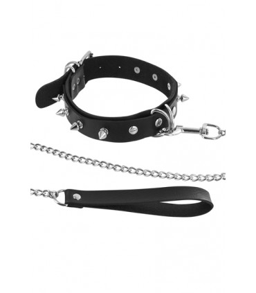 COLLAR NEGRO AJUSTABLE CON ANILLA, PINCHOS Y CORREA