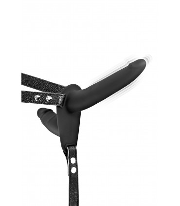 ARNÉS STRAP-ON DOBLE NEGRO SILICONA VIBRADOR USB 15"5 CM