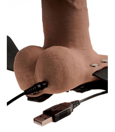 6" HOLLOW RECHARGEABLE STRAP-ON WITH BALLS TAN