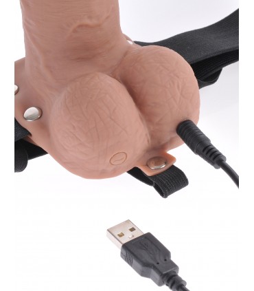 7" HOLLOW STRAP-ON WITH REMOTE TAN/ BLACK