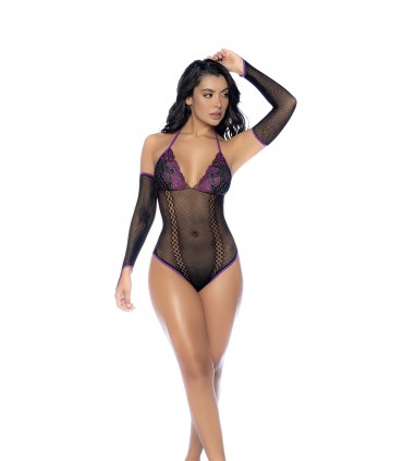 MOD. 1121 FISHNET AND LACE BODYSUIT SET BLACK/PURPLE OS