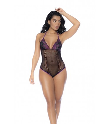 MOD. 1121 FISHNET AND LACE BODYSUIT SET BLACK/PURPLE OS