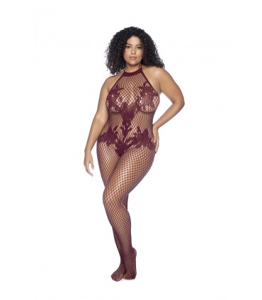MOD. 1116X HALTER AND CROTCHLESS FLORAL BODYSTOCKING CHERRY OSX