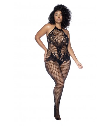 MOD. 1116X Neckholder-Bodystocking mit Blumenmuster und Schrittoffen, Schwarz, OSX