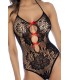 MOD. 1133 FLORAL FISHNET BODYSUIT SET BLACK/RED OS