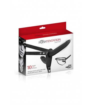 ARNÉS STRAP-ON DOBLE NEGRO SILICONA VIBRADOR USB 15"5 CM